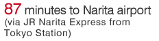 87 minutes to Narita airport (via JR Narita Express from Tokyo Station)